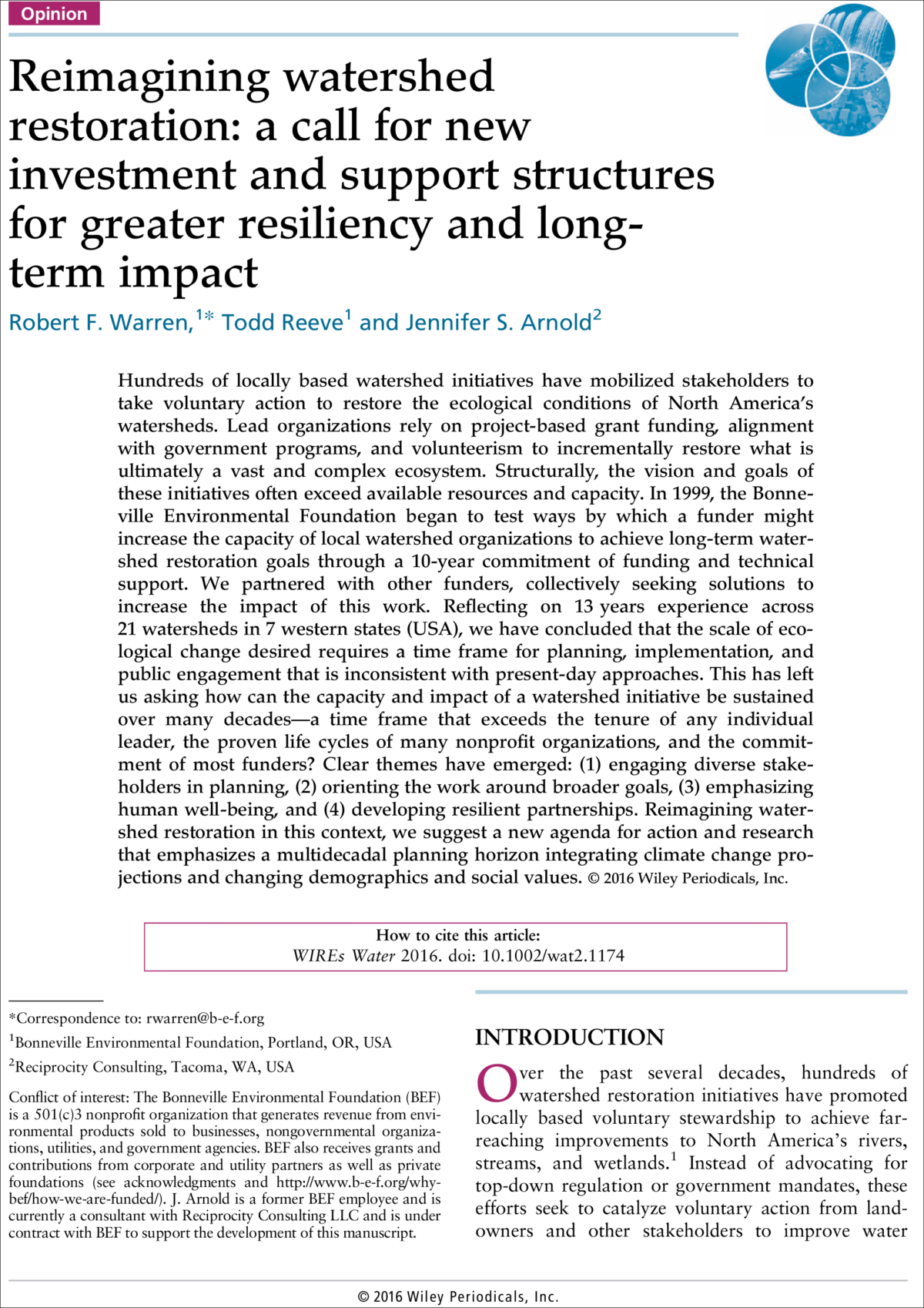 Article: Reimagining watershed restoration: a call for new investment and support structures for greater resiliency and long term impact