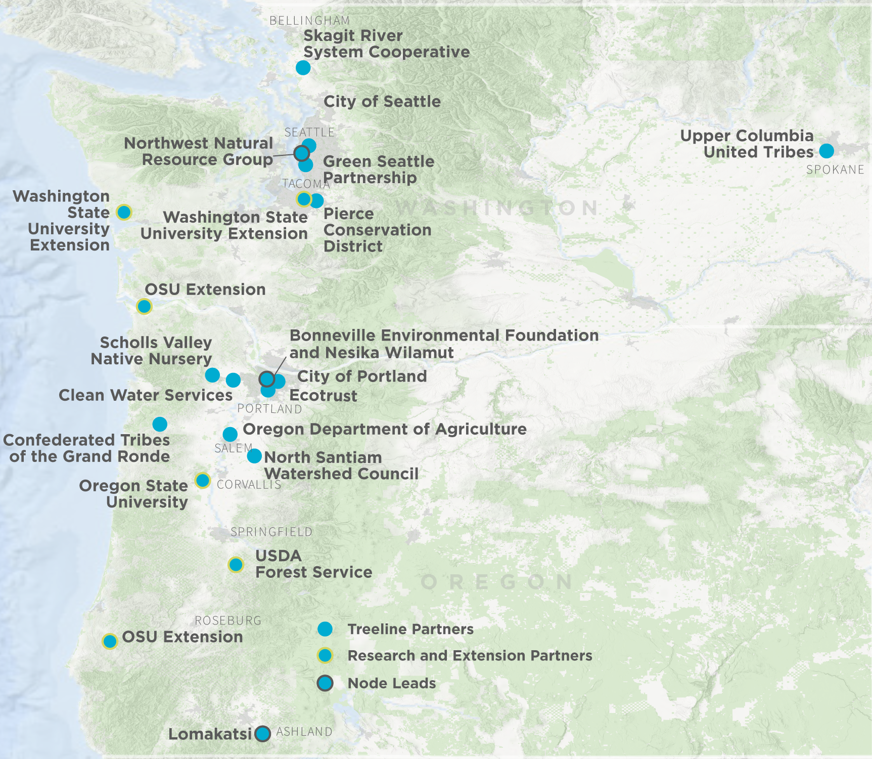 map of washington and oregon highlighting treeline partners, research & extension partners & node leads.